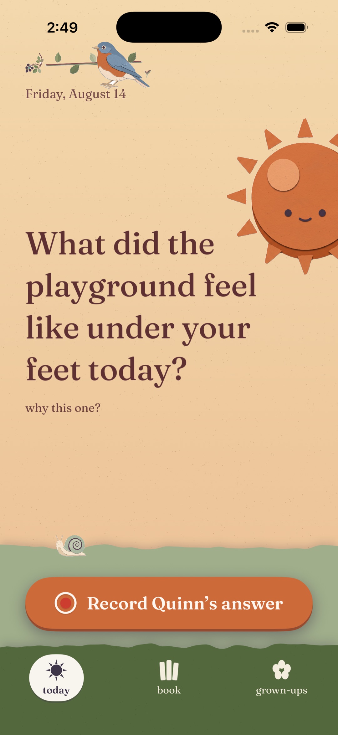 Bramble’s Today screen: the day’s question set on a morning sky, and a Record button